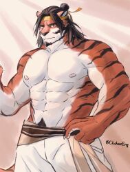 Rule 34 | absurdres, animal ears, arknights, bad id, bad twitter id, bara, furry, furry male, hand on own hip, headband, highres, light beam, long hair, looking at viewer, male focus, shensedexiao (49809635), solo, solo focus, striped, tail, tiger, tiger ears, tiger tail, topless male, yellow headband