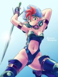Rule 34 | 1girl, aqua eyes, armlet, armpits, blue gloves, blue hair, blue leotard, blue thighhighs, blush, breasts, cleavage, closed mouth, clothing cutout, collarbone, commentary request, copyright name, facial mark, fingerless gloves, frown, gloves, groin, highres, holding, holding sword, holding weapon, kaze no tou, leg up, leotard, looking at viewer, medium breasts, mocha (kaze no tou), multicolored hair, navel, navel cutout, nose blush, ozanari dungeon, partial commentary, pointy ears, red hair, short hair, shoulder pads, solo, strapless, strapless leotard, sword, tamanegiinyo, thighhighs, two-tone hair, weapon