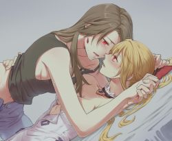 Rule 34 | 2girls, bare shoulders, bed sheet, blonde hair, blush, breasts, brown hair, cleavage, closed eyes, collar, commentary request, dress, earrings, girl on top, granblue fantasy, hair ribbon, holding hands, imminent kiss, interlocked fingers, jewelry, katalina (granblue fantasy), large breasts, long hair, looking at another, lying, miso-ha (ukyuu), multiple girls, on back, open mouth, pants, red eyes, ribbon, shirt, sleeveless, sleeveless shirt, vira (granblue fantasy), white dress, yuri