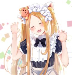 Rule 34 | 1girl, :d, abigail williams (heart of cooking) (fate), abigail williams (fate), animal ears, apron, arm up, black bow, black dress, blonde hair, blush, bow, bowtie, cat ears, claw pose, closed eyes, collar, commentary request, dress, fake animal ears, fate/grand order, fate (series), fingernails, frilled collar, frills, gao kawa, hair bow, hand up, long hair, maid headdress, multiple hair bows, nail polish, object on head, official alternate costume, open mouth, parted bangs, pink nails, puffy short sleeves, puffy sleeves, short sleeves, smile, solo, stuffed animal, stuffed toy, teddy bear, twintails, very long hair, waist apron, white bow, white collar
