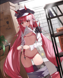 Rule 34 | 1girl, absurdres, arknights, asymmetrical legwear, bikini, bikini under clothes, black hat, black thighhighs, blush, box, breasts, cabbie hat, cardboard box, closed mouth, clothes lift, clothes pull, demon horns, hair ribbon, hat, highres, horns, horns through headwear, indoors, lifted by self, long hair, long sleeves, looking at viewer, low-tied long hair, low twintails, mismatched legwear, mouth hold, pink bikini, pink thighhighs, purple ribbon, purple skirt, red eyes, red hair, ribbon, shelf, shirt, shirt lift, side-tie bikini bottom, skirt, skirt pull, small breasts, solo, swimsuit, thighhighs, twintails, underboob, very long hair, vigna (arknights), white shirt, whiteboard, xila qian tang shi