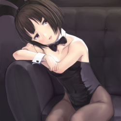 Rule 34 | 1girl, animal ears, bare shoulders, black bow, black bowtie, black hair, blush, bob cut, bow, bowtie, brown pantyhose, collarbone, commentary request, couch, covered navel, detached collar, fake animal ears, leotard, looking at viewer, meow (nekodenki), on couch, open mouth, original, pantyhose, playboy bunny, rabbit ears, red eyes, short hair, sitting, smile, solo
