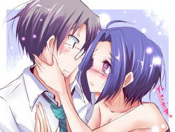 Rule 34 | 1boy, 1girl, ahoge, bare shoulders, black hair, blue hair, blush, couple, eye contact, glasses, hands on another&#039;s cheeks, hands on another&#039;s face, hetero, idolmaster, idolmaster (classic), looking at another, miura azusa, natsu (anta tte hitoha), necktie, producer (idolmaster), producer (idolmaster anime), purple eyes, short hair, smile