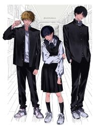 Rule 34 | 1girl, 2boys, bisou, black dress, black hair, black jacket, black pants, black ribbon, black socks, blush, chainsaw man, collared shirt, denji (chainsaw man), dress, full body, gakuran, hair over one eye, hallway, hands in pockets, highres, holding own arm, jacket, long hair, looking at viewer, looking to the side, mitaka asa, mole, mole under mouth, multiple boys, nervous, open clothes, pants, pinafore dress, ribbon, school uniform, shirt, short hair, sideways glance, simple background, sleeveless dress, smile, socks, spiked hair, standing, string pull, sweat, twintails, twitter username, unbuttoned, white background, white footwear, white shirt, yoshida hirofumi
