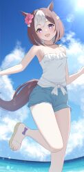 Rule 34 | 1girl, absurdres, alternate costume, anima miko, animal ears, armpit peek, bare shoulders, brown hair, cloud, cloudy sky, denim, denim shorts, flower, foot out of frame, frilled shirt, frills, hair flower, hair ornament, hibiscus, highres, horse ears, horse girl, horse tail, looking at viewer, multicolored hair, open mouth, outdoors, purple eyes, sandals, shirt, shorts, sky, smile, solo, special week (umamusume), streaked hair, tail, tied shirt, umamusume, white hair