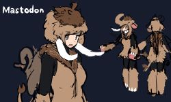 Rule 34 | 1girl, animal hood, arms at sides, blue background, brown eyes, brown hair, copyright name, highres, hood, mastodon (microblog), morakkyo (mephilas g3), multiple views, open mouth, original, personification, short hair, simple background, sketch, tail, teeth, tusks, upper body