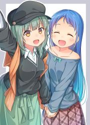 Rule 34 | 2girls, alternate costume, arm up, bare shoulders, blue hair, blue sweater, brown skirt, checkered clothes, checkered skirt, closed eyes, collarbone, commentary request, green hair, green skirt, green sweater, hat, holding hands, kantai collection, long hair, looking at viewer, multiple girls, oge (ogeogeoge), open mouth, orange eyes, peaked cap, plaid, plaid skirt, samidare (kancolle), short hair, sidelocks, skirt, sweater, swept bangs, very long hair, yuubari (kancolle)