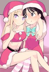 Rule 34 | 2girls, :o, alternate hairstyle, arm around neck, bare shoulders, belt, black background, black eyes, black hair, blonde hair, blunt bangs, blush, bow, bowtie, breasts, closed mouth, collarbone, commentary request, couch, crop top, dress, feet out of frame, freckles, fur-trimmed dress, fur-trimmed skirt, fur trim, green bow, hat, heart belt, hospital king, katou asuka, kusunoki kaho, long hair, looking at another, looking at viewer, medium breasts, midriff, multiple girls, nervous, off-shoulder shirt, off shoulder, on couch, pom pom (clothes), purple eyes, red dress, red hat, red skirt, santa costume, santa hat, shirt, simple background, sitting, skirt, skirt set, striped clothes, striped legwear, striped thighhighs, sweat, thighhighs, v, watashi ga motenai no wa dou kangaetemo omaera ga warui!