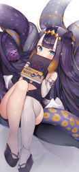 Rule 34 | 1girl, absurdres, black gloves, blue eyes, blunt bangs, blush, book, covering own mouth, detached sleeves, dress, gloves, halo, highres, holding, hololive, hololive english, long hair, looking at viewer, mole, mole under eye, multicolored hair, ninomae ina&#039;nis, ninomae ina&#039;nis (1st costume), pointy ears, purple hair, sandals, shin no tenpii, simple background, single detached sleeve, single glove, single thighhigh, sitting, takodachi (ninomae ina&#039;nis), tentacle hair, tentacles, thighhighs, virtual youtuber, white background, white thighhighs