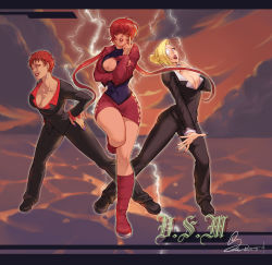 Rule 34 | 3girls, blonde hair, blue eyes, breasts, cleavage, cleavage cutout, clothing cutout, cropped jacket, earrings, eyelashes, eyepatch, fingernails, formal, full body, hair over eyes, hands on own hips, highres, jewelry, king of fighters xiii, large breasts, leotard, lips, lipstick, long fingernails, long hair, makeup, mature (kof), miniskirt, multiple girls, nail polish, narrow waist, nose, pant suit, pants, pixie cut, purple nails, red eyes, red hair, shermie (kof), short hair, short ponytail, skirt, spade-m, split ponytail, suit, the king of fighters, the king of fighters xiii, very short hair, vice (kof)