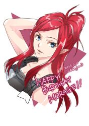 Rule 34 | 1girl, alternate hair color, arm behind head, artist name, black dress, blue eyes, breasts, character name, cleavage, collarbone, commentary, dated, dress, english commentary, hair behind ear, happy birthday, highres, ichigo jam, macross, macross delta, medium breasts, mirage farina jenius, parted lips, pointy ears, portrait, red hair, smile, solo