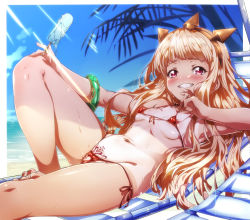 Rule 34 | 10s, 1girl, absurdres, bare legs, barefoot, beach, bikini, blonde hair, blue sky, blush, bracelet, breasts, cagliostro (granblue fantasy), chair, cloud, covered erect nipples, crown, day, food, granblue fantasy, grin, highres, jewelry, long hair, looking at viewer, lounge chair, lying, micro bikini, navel, niko (tama), ocean, on back, one-piece tan, outdoors, palm tree, popsicle, pubic tattoo, red bikini, red eyes, sand, side-tie bikini bottom, sky, small breasts, smile, solo, sweat, swimsuit, tan, tanline, tattoo, tree, water