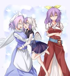 Rule 34 | 3girls, bow, color connection, crossed arms, closed eyes, hair bow, hat, head wings, horns, hug, letty whiterock, long hair, multicolored hair, multiple girls, one eye closed, open mouth, ponytail, purple hair, ribbon, scarf, shamisen (syami sen), short hair, silver hair, smile, tokiko (touhou), touhou, two-tone hair, watatsuki no yorihime, white scarf, wings, yellow eyes