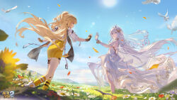 Rule 34 | 2girls, absurdres, ahoge, ash-c, benghuai xueyuan, bird, black gloves, blonde hair, blue eyes, blue sky, bracelet, bridal veil, character request, chinese commentary, closed mouth, cloud, day, dress, earrings, elbow gloves, falling petals, field, fingerless gloves, flower, flower ornament, gloves, grass, hair ornament, highres, honkai (series), jacket, jewelry, karin mered (benghuai xueyuan), leg wrap, logo, long dress, long hair, looking at another, mountainous horizon, multiple girls, official art, outdoors, outstretched hand, parted lips, petals, red eyes, scenery, sky, smile, socks, standing, star (symbol), star earrings, sun, two-tone gloves, veil, very long hair, white gloves, white hair, white jacket, yellow dress, yellow gloves, yellow socks