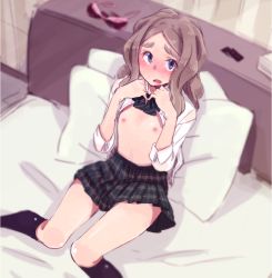 Rule 34 | 1girl, bed, black socks, blue eyes, blurry, blush, bow, bowtie, bra, unworn bra, brown hair, chibikko (morihito), condom, condom packet strip, condom wrapper, depth of field, eyebrows, flat chest, hand on own chest, kneehighs, long hair, looking at viewer, morihito, nipples, on bed, open clothes, open mouth, open shirt, original, parted bangs, pillow, plaid, plaid skirt, pleated skirt, school uniform, shirt, sitting, sketch, skirt, socks, solo, thick eyebrows, underwear