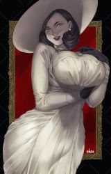 Rule 34 | 1girl, alcina dimitrescu, black gloves, black hair, breasts, cleavage, dress, earrings, gloves, hat, highres, jewelry, large breasts, lipstick, looking at viewer, makeup, murata tefu, necklace, pale skin, resident evil, resident evil village, short hair, smile, solo, sun hat, white dress, yellow eyes