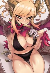 Rule 34 | 1girl, absurdres, arm support, black panties, blonde hair, boku no hero academia, breasts, brown pantyhose, claws, closed mouth, dragon girl, dragon horns, dragon tail, dragon wings, fangs, fangs out, hand up, highres, horns, large breasts, long hair, long tongue, panties, pantyhose, scales, shiny skin, simple background, sitting, smile, solo, tail, toga himiko, tongue, tongue out, underwear, unusualpie, white background, wings, yellow eyes