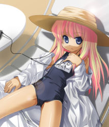 Rule 34 | 00s, 1girl, :&lt;, bad id, bad pixiv id, blonde hair, blue eyes, chair, child, flat chest, hat, highres, lab coat, lens flare, lounge chair, no pants, one-piece swimsuit, one-piece tan, open clothes, pani poni dash!, rebecca miyamoto, school swimsuit, solo, sun hat, swimsuit, swimsuit under clothes, tan, tanline, umekichi