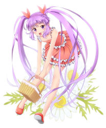 Rule 34 | 1girl, :d, alternate costume, basket, flower, frills, full body, leaning forward, long hair, miyato000, open mouth, pink skirt, purple eyes, purple hair, sidelocks, skirt, smile, solo, sophie (tales), standing, tales of (series), tales of graces, twintails, white background