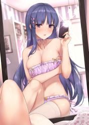 Rule 34 | 1girl, age progression, aged up, arm under breasts, blue hair, blush, bow, bow panties, bra, breast hold, breasts, brown eyes, cellphone, choker, cleavage, female pov, grabbing own arm, hair ornament, hairclip, highres, holding, holding phone, indoors, kannko bokujou, kyouka (princess connect!), kyouka (real) (princess connect!), large breasts, long hair, looking at viewer, mirror, navel, panties, phone, pink bra, pink panties, pov, princess connect!, reflection, selfie, solo, taking picture, thighhighs, underwear, underwear only, unfastened, white thighhighs