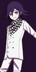 Rule 34 | 1boy, arironpawa, buttons, checkered clothes, checkered scarf, danganronpa (series), danganronpa v3: killing harmony, double-breasted, flipped hair, grin, hair between eyes, highres, jacket, long sleeves, male focus, medium hair, oma kokichi, pants, purple background, purple eyes, purple hair, scarf, simple background, smile, solo, teeth, white jacket, white pants