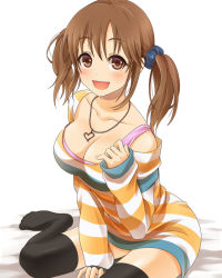 Rule 34 | 10s, 1girl, :d, black thighhighs, blush, breasts, brown eyes, brown hair, cleavage, dress, heart, heart necklace, idolmaster, idolmaster cinderella girls, jewelry, necklace, open mouth, short twintails, simple background, sitting, sleeves past wrists, smile, solo, striped, sweater, sweater dress, tayu (yuntayu), thighhighs, totoki airi, twintails, yokozuwari