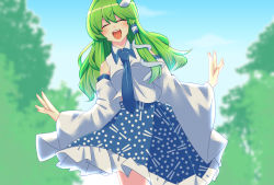 Rule 34 | 1girl, :d, ^ ^, bare legs, bare shoulders, blue necktie, blue skirt, blue sky, blurry, blurry background, blush, breasts, closed eyes, cloud, cloudy sky, collared shirt, commentary request, cropped legs, detached sleeves, dutch angle, forest, frilled skirt, frills, frog hair ornament, green hair, hair between eyes, hair ornament, hair tubes, happy, highres, kochiya sanae, long hair, medium breasts, mokutan (link machine), nature, necktie, open mouth, outstretched arms, shiny skin, shirt, skirt, sky, sleeveless, sleeveless shirt, smile, snake hair ornament, solo, teeth, touhou, tree, upper body, upper teeth only, white shirt, |d