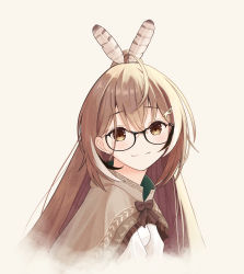 Rule 34 | 1girl, absurdres, ahoge, bespectacled, brown capelet, brown cloak, brown eyes, brown hair, capelet, cloak, feather hair ornament, feathers, glasses, hair ornament, hairclip, hieroglyphics, highres, hololive, hololive english, long hair, looking at viewer, mr cookiew, multicolored hair, nanashi mumei, ponytail, ribbon, shirt, smile, streaked hair, very long hair, virtual youtuber, white shirt