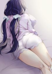 Rule 34 | 1girl, ass, bed, bed sheet, from behind, highres, kate iwana, kneepits, long hair, long sleeves, love live!, love live! school idol festival, love live! school idol project, low twintails, lying, hugging object, pajamas, pantylines, pillow, pillow hug, purple hair, scrunchie, short shorts, shorts, solo, tojo nozomi, twintails, very long hair, white scrunchie