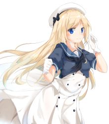 Rule 34 | 1girl, absurdres, black neckerchief, blonde hair, blue eyes, blue sailor collar, blush, bow, breasts, buttons, dress, gloves, hat, hat bow, highres, jervis (kancolle), kantai collection, long hair, looking at viewer, mary janes, neckerchief, sailor collar, sailor dress, sailor hat, shoes, short sleeves, simple background, sky, small breasts, smile, solo, sugihiro, white background, white dress, white gloves, white hat