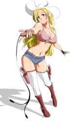 Rule 34 | 1girl, bad id, bad pixiv id, blonde hair, blue eyes, boots, breasts, cleavage, cowboy boots, cowboy hat, cowboy western, denim, denim shorts, fingerless gloves, freckles, full body, gloves, gun, hat, highres, large breasts, legs, long hair, midriff, mole, mole on breast, navel, original, saruanu, short shorts, shorts, solo, standing, thigh strap, thighhighs, weapon, whip, white thighhighs