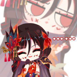 Rule 34 | 1girl, black hair, chibi, closed eyes, eyeshadow, hair ornament, japanese clothes, kijo momiji, kimono, kokorogari kijo momiji, leaf, leaf hair ornament, looking at viewer, makeup, maple leaf, official art, onmyoji, red eyes, red eyeshadow, solo, stitched mouth, stitches, straight hair, upper body, white background