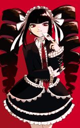 Rule 34 | 1girl, absurdres, black hair, black nails, bonnet, card, celestia ludenberg, claw ring, closed mouth, cowboy shot, danganronpa: trigger happy havoc, danganronpa (series), drill hair, earrings, frilled jacket, frills, gothic lolita, hand up, highres, holding, holding card, jacket, jewelry, layered skirt, lolita fashion, long hair, long sleeves, looking at viewer, nail polish, necktie, open clothes, open jacket, playing card, print necktie, red background, red eyes, red necktie, ring, shiki (mitsushiki0003), shirt, simple background, skirt, smile, solo, twin drills, twintails