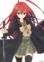 Rule 34 | 1girl, absurdres, black coat, black thighhighs, bow, chamu (chammkue), coat, green sailor collar, green shirt, green skirt, hair between eyes, highres, holding, holding sword, holding weapon, huge filesize, katana, light frown, long sleeves, looking at viewer, miniskirt, open clothes, open coat, red eyes, red hair, sailor collar, shakugan no shana, shana, shirt, simple background, skirt, solo, sword, thighhighs, twitter username, v-shaped eyebrows, weapon, white background, yellow bow, zettai ryouiki