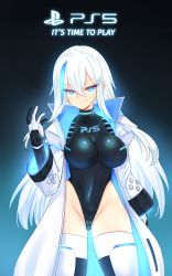Rule 34 | 1girl, absurdres, bare shoulders, black background, black footwear, blue eyes, breasts, closed mouth, covered navel, cowboy shot, elbow gloves, expressionless, game console, gloves, glowing, glowing eyes, hair between eyes, highres, humanization, large breasts, leotard, long hair, looking at viewer, original, personification, playstation 5, rayno, sidelocks, simple background, single sidelock, sleeveless, sleeveless jacket, solo, standing, thighhighs, very long hair, white hair, white thighhighs