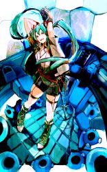 Rule 34 | 1girl, aqua eyes, aqua hair, arms up, hatsune miku, headphones, highres, long hair, looking at viewer, microphone, open mouth, shorts, smile, so-bin, solo, thighhighs, twintails, very long hair, vocaloid
