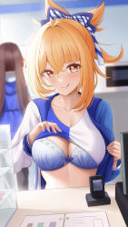 Rule 34 | 2girls, :q, absurdres, arayuki (sakurafubuki), blonde hair, blue bra, blush, bow, bra, breasts, cleavage, collarbone, exhibitionism, genshin impact, hair between eyes, hair bow, highres, hu tao (genshin impact), hu tao (lawson) (genshin impact), large breasts, lawson, lifted by self, looking at viewer, multiple girls, public indecency, red eyes, striped, striped bow, tongue, tongue out, underwear, white bow, yoimiya (genshin impact), yoimiya (lawson) (genshin impact)