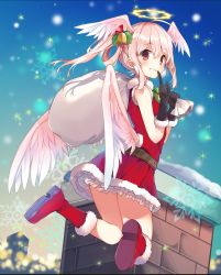 Rule 34 | 10s, 1girl, absurdres, ange vierge, black gloves, book, carrying over shoulder, chimney, elel (ange vierge), full body, fur trim, gloves, grin, halo, head wings, highres, index finger raised, long hair, looking at viewer, official art, pink hair, red eyes, sack, santa costume, skirt, sleeveless, smile, snowflakes, snowing, solo, wings