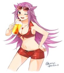 Rule 34 | 10s, 1girl, alcohol, beer, beer mug, bikini, bikini top only, blush, blush stickers, breasts, cleavage, cowboy shot, cup, eyewear on head, jewelry, jun&#039;you (kancolle), kantai collection, long hair, looking at viewer, magatama, medium breasts, mug, navel, necklace, one eye closed, purple eyes, purple hair, red bikini, short shorts, shorts, simple background, smile, solo, spiked hair, standing, sunglasses, swimsuit, twitter username, white background, yamashichi (mtseven)