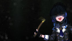Rule 34 | 1girl, axe, black gloves, black jacket, blue eyes, blue hair, blue nails, blue necktie, bracelet, commentary request, dark, gloves, golden axe (weapon), holding, holding axe, hololive, hoshimachi suisei, hoshimachi suisei (1st costume), jacket, jewelry, long hair, long sleeves, looking at viewer, nail polish, necktie, open mouth, partially fingerless gloves, plaid, plaid jacket, shaded face, smile, solo, tenbin gashira, upper body, virtual youtuber