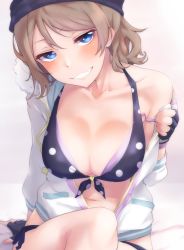 Rule 34 | 1girl, bikini, blue eyes, blush, breasts, cowboy shot, fingerless gloves, gloves, grey hair, grin, hat, highres, jacket, large breasts, looking at viewer, love live!, love live! school idol festival, love live! sunshine!!, nasuno (nasuno42), open clothes, open jacket, polka dot, polka dot bikini, polka dot swimsuit, short hair, simple background, sitting, smile, solo, swimsuit, teeth, watanabe you, white background, white jacket