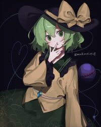 Rule 34 | 1girl, black background, black hat, bow, commentary, green eyes, green hair, green skirt, hat, hat bow, heart, heart of string, highres, komeiji koishi, long sleeves, looking at viewer, mochimoti0528, shirt, simple background, skirt, solo, third eye, touhou, twitter username, yellow bow, yellow shirt