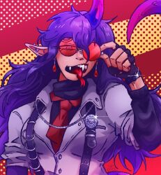 Rule 34 | 1girl, belt, chain, coin (ornament), ear piercing, earrings, fingerless gloves, forked tongue, glasses, gloves, highres, holding, horns, jewelry, long hair, long sleeves, looking at viewer, messy hair, necktie, open mouth, otaeriaaoba, piercing, pink horns, pointy ears, purple hair, purple horns, purple tail, red-tinted eyewear, red necktie, round eyewear, sharp teeth, simple background, single horn, sleeves rolled up, solo, tail, teeth, tenkajin chiyari, tinted eyewear, tongue, tongue out, torn clothes, torn gloves, touhou, unbuttoned, unbuttoned shirt