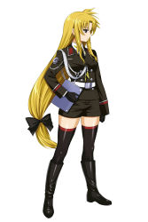 Rule 34 | 1girl, absurdres, adapted costume, aiguillette, bardiche (nanoha), belt, black bow, black footwear, black gloves, black neckerchief, black shorts, black thighhighs, blonde hair, boots, bow, closed mouth, commentary, dress shirt, english commentary, fate testarossa, folder, full body, gloves, hair bow, highres, holding, knee boots, long hair, looking to the side, low-tied long hair, lyrical nanoha, military, military uniform, neckerchief, phanc, red eyes, shirt, shorts, sidelocks, simple background, solo, standing, thighhighs, tsab executive military uniform, uniform, very long hair, white background, white belt, white shirt, wing collar, zettai ryouiki
