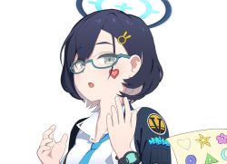 Rule 34 | 1girl, :o, blue archive, blue hair, blue necktie, chihiro (blue archive), collared shirt, glasses, green eyes, hair ornament, hairclip, halo, hands up, highres, jacket, kutsusama, looking at viewer, necktie, open mouth, semi-rimless eyewear, shirt, short hair, simple background, solo, sticker on face, upper body, watch, white background, white shirt, wristwatch