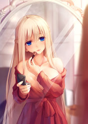 Rule 34 | 1girl, applying makeup, bare shoulders, blonde hair, blue eyes, braid, breasts squeezed together, breasts, cleavage, collarbone, compact (cosmetics), highres, large breasts, lexington (warship girls r), long hair, makeup brush, mirror, off shoulder, red robe, reflection, robe, solo, very long hair, warship girls r, xiaoyin li