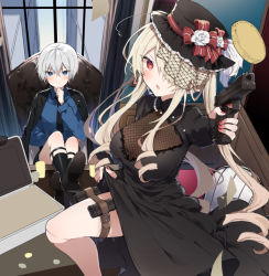 Rule 34 | 1boy, 1girl, ahoge, aiming, aiming at viewer, belt buckle, black dress, black footwear, black headwear, black jacket, black necktie, black shorts, blonde hair, blouse, blue eyes, blue shirt, boots, bow, breasts, briefcase, broken necklace, buckle, chair, cleavage, clothes lift, collared shirt, commentary request, curly hair, curtains, day, doll joints, dress, dress lift, dress shirt, drill hair, edel (ikeuchi tanuma), fingernails, gun, hair between eyes, hair over one eye, handgun, hat, hat bow, hat feather, hat ribbon, holding, holding weapon, holster, ikeuchi tanuma, indoors, jacket, jewelry, joints, large breasts, leg up, looking at viewer, magazine (weapon), nail polish, necklace, necktie, original, pearl necklace, pistol, red bow, red eyes, red nails, ribbon, rudy (ikeuchi tanuma), see-through, see-through dress, shirt, short hair, shorts, sitting, standing, thigh holster, thighs, twintails, veil, veil over one eye, weapon, white hair, white stripes, wide brim, window