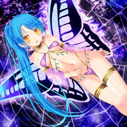 Rule 34 | 1girl, blue hair, breasts, butterfly wings, dutch angle, fairy, insect wings, kay (utd), leaning forward, long hair, looking at viewer, navel, original, ponytail, small breasts, solo, underboob, wings, yellow eyes