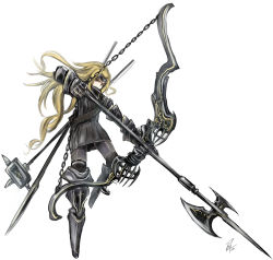 Rule 34 | 1girl, armor, bad id, bad pixiv id, blonde hair, bow (weapon), chain, halberd, hammer, highres, ishinomaki, long hair, original, polearm, simple background, solo, spear, weapon, yellow eyes