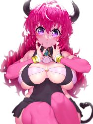 Rule 34 | 1girl, alma (onsoku inu), bandeau, black dress, blush, breasts, brooch, closed mouth, demon tail, dress, hands up, highres, horns, jewelry, looking at viewer, onsoku inu, original, pink hair, pink thighhighs, purple eyes, sagging breasts, simple background, solo, tail, thighhighs, white background, wide-eyed